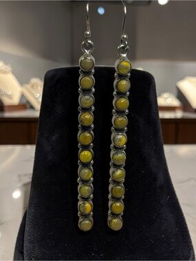 Sterling Silver Long Drop Earrings with Yellow-Green Stone Accents
